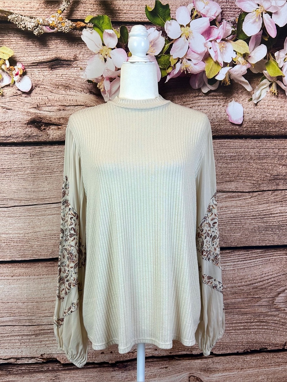 Maurices Women’s Rayon Beige Floral Ballon Sleeve Turtleneck Sweater